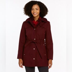 London Fog Burgundy Belted Hooded Trench Coat Womens Large
